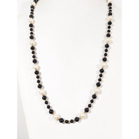 Vintage Black Glass Faux Pearl Beaded Classic Long Necklace Gold Tone 30" - Picture 2 of 8